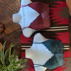 Lace Bralette Set in Teal and Burgundy